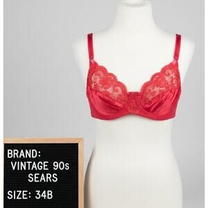Vintage 90s Sears Daye 34B Bra Rose Red Lace Unlined Unpadded Underwire